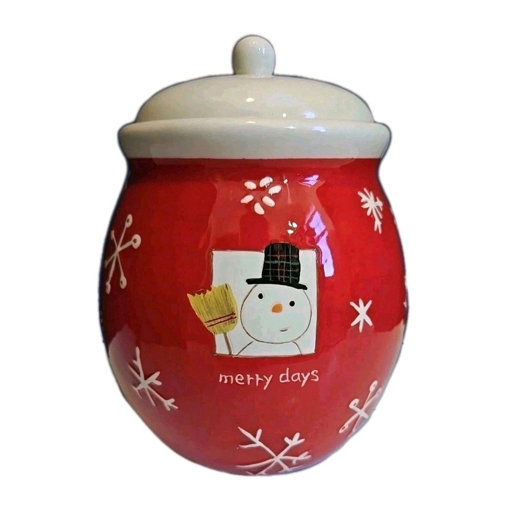 Hallmark Snowman Cookie Jar Canister Red Christmas Snowflake Merry Days Storage